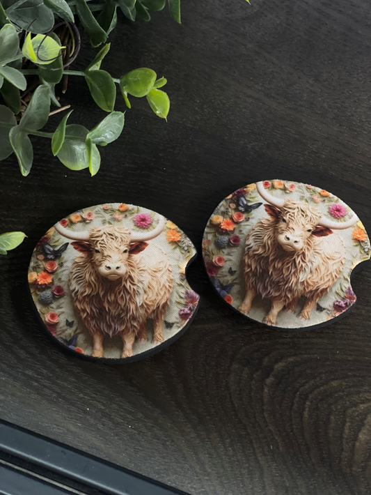 3D Floral Highland Cow Car Coaster Set