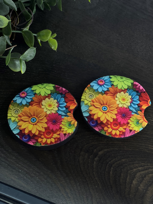 3D Rainbow Daisy Car Coaster Set