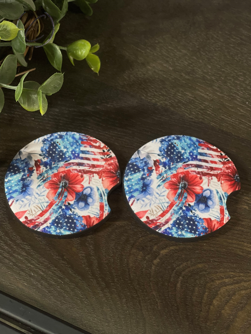 Floral American Flag Car Coaster Set