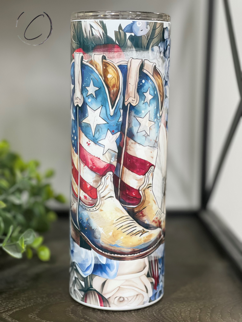 Floral Patriotic Cowboy Boots 20oz Skinny Tumbler