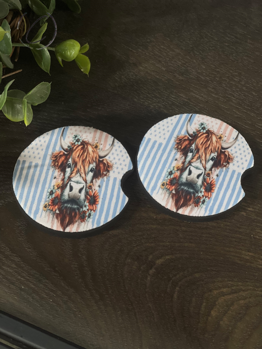 Floral Patriotic Highland Cow Car Coaster Set