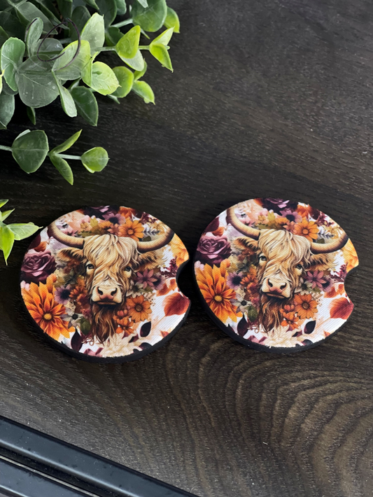 Harvest Floral Highland Cow Car Coaster Set