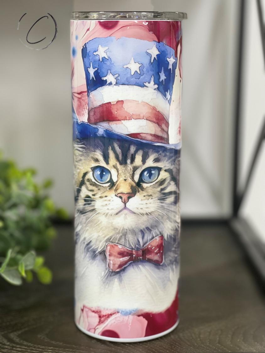 Patriotic Alcohol Ink Cat 20oz Skinny Tumbler