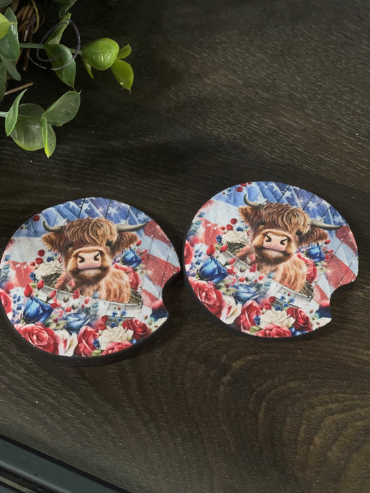 Patriotic Floral Highland Calf Car Coaster Set