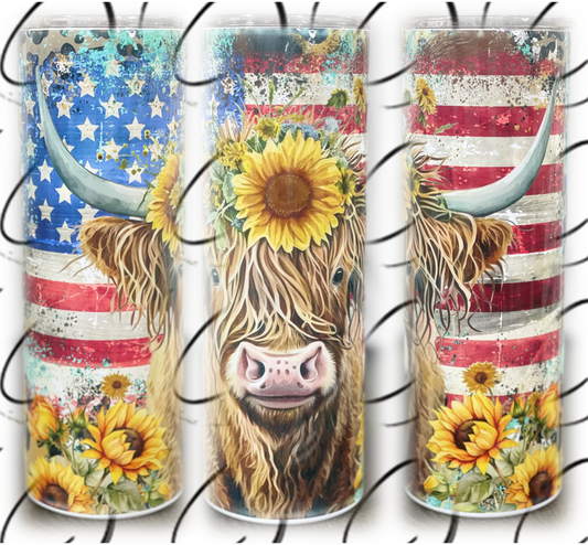 Patriotic Sunflower Highland Cow 20oz Skinny Tumbler