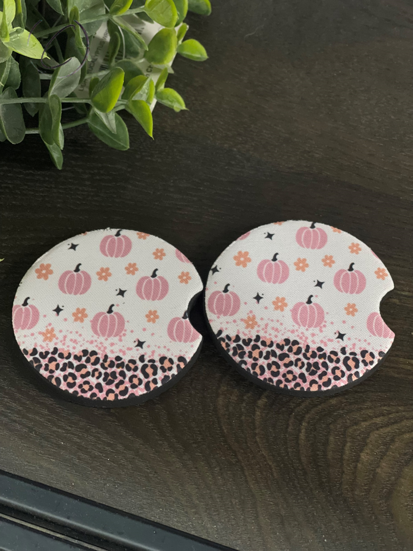 Pink Leopard Pumpkins Car Coaster Set