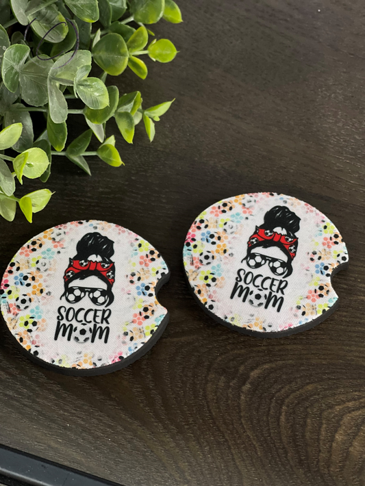 Soccer Mom Messy Bun Car Coaster Set