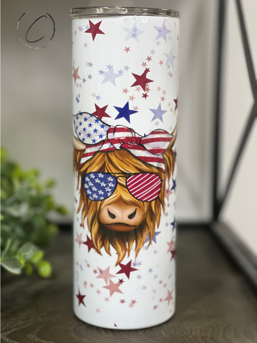 Stars & Stripes Highland Cow 20oz Skinny Tumbler