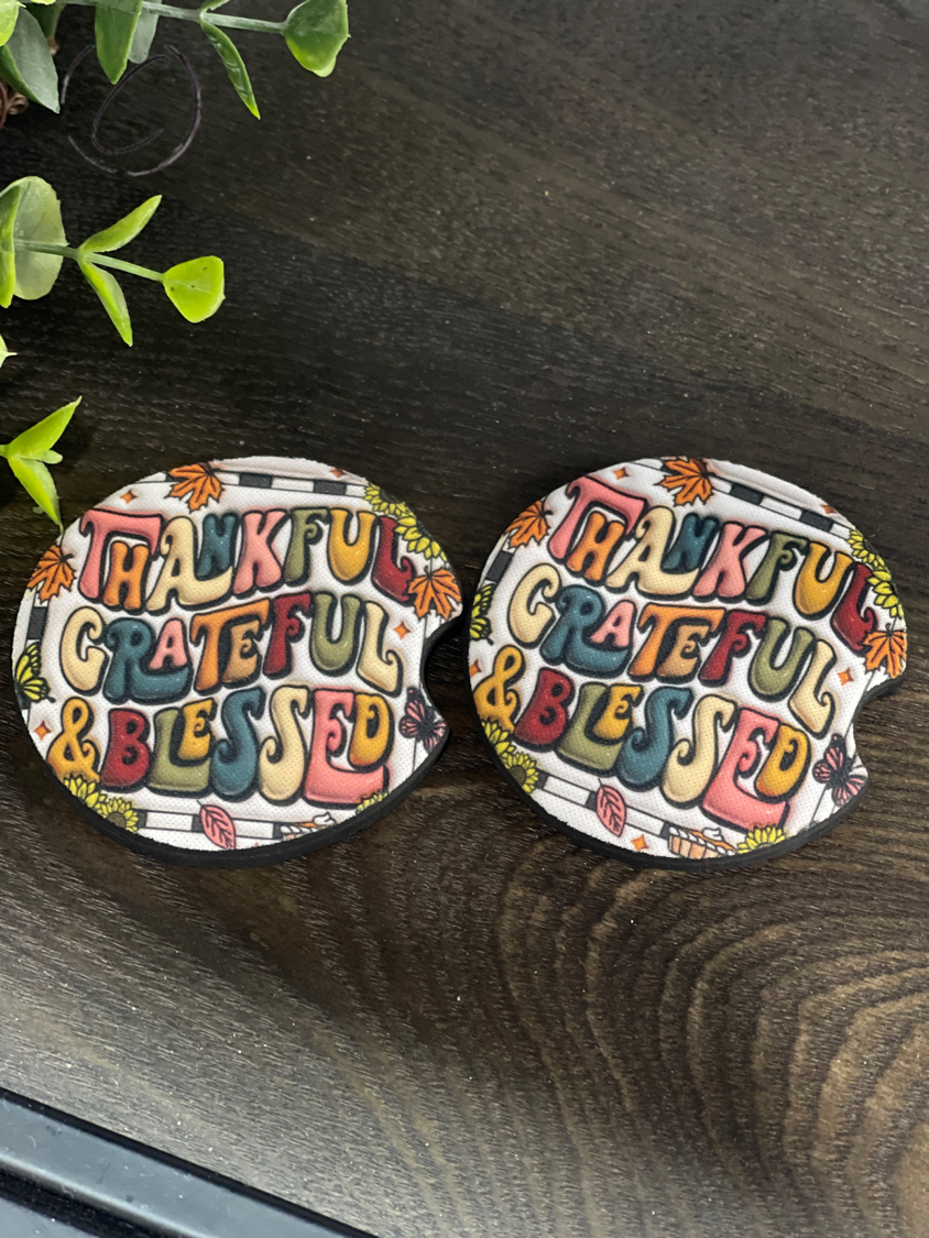 Thankful, Grateful & Blessed Inflated Car Coaster Set