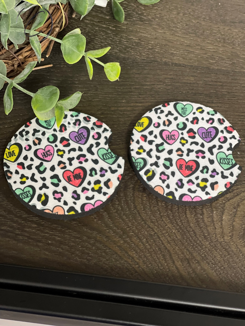 Cheetah Conversation Hearts Car Coaster Set