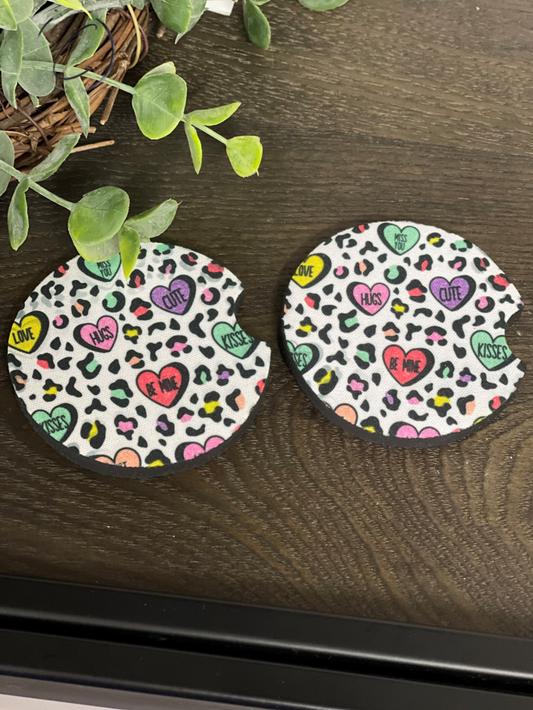 Cheetah Conversation Hearts Car Coaster Set