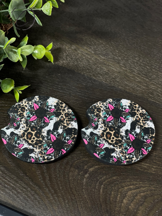 Cowhide Leopard Sunflower Car Coaster Set