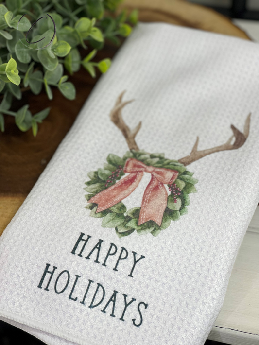 Happy Holidays Antlers Waffle Weave Tea Towel