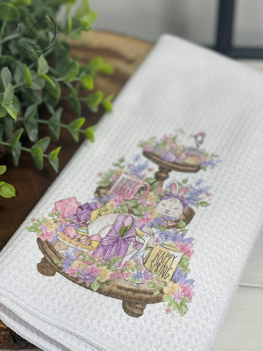 Happy Spring Tier Tray Waffle Weave Tea Towel