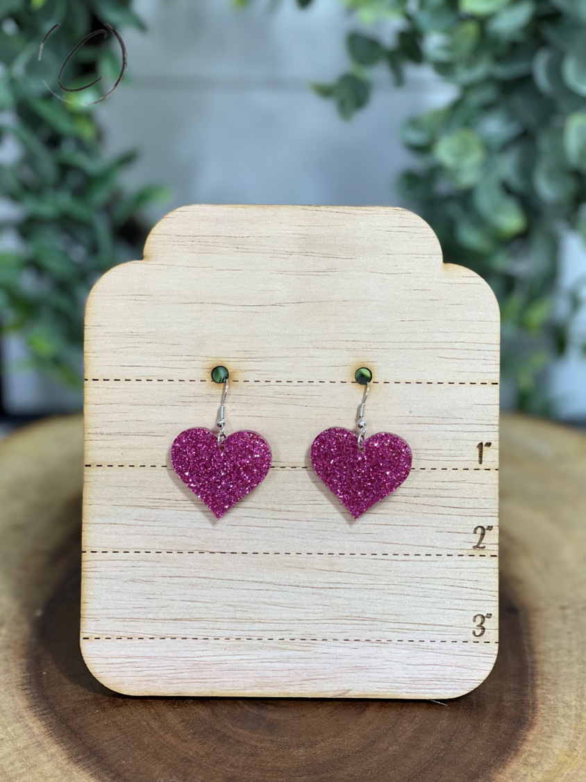 Heart Pink Glitter Dangle Earrings