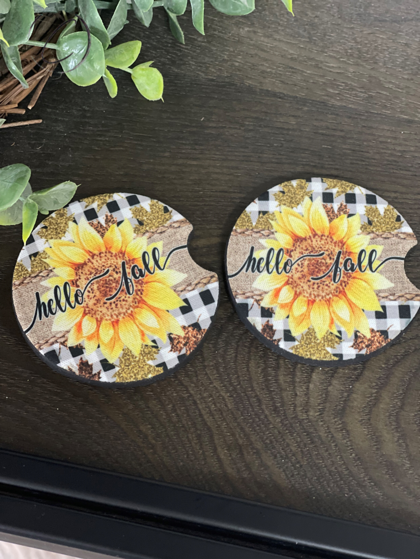 Hello Fall Sunflower Neoprene Car Coaster Set