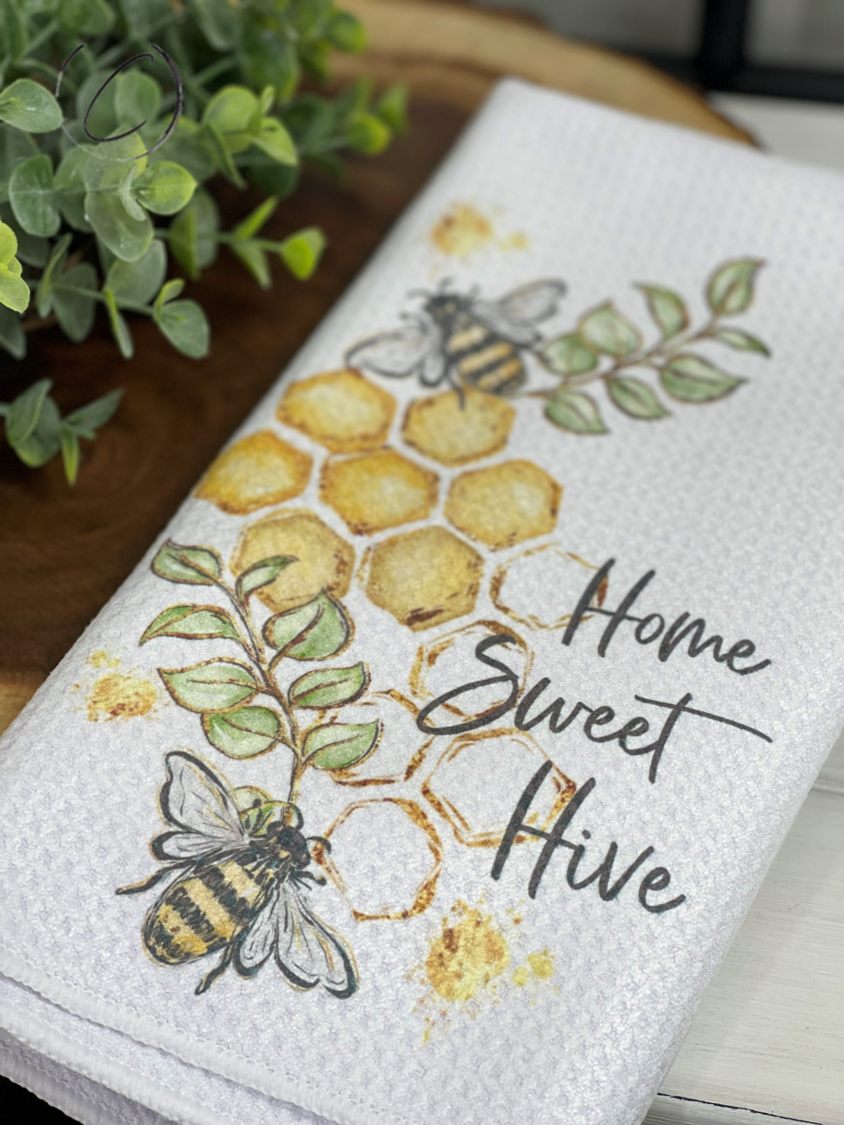 Home Sweet Hive Honeycomb Waffle Weave Tea Towel