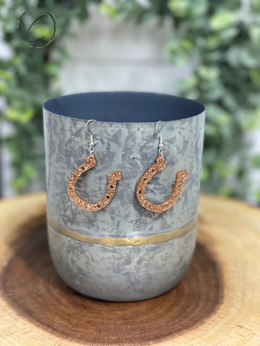 Horseshoe Gold Glitter Dangle Earrings