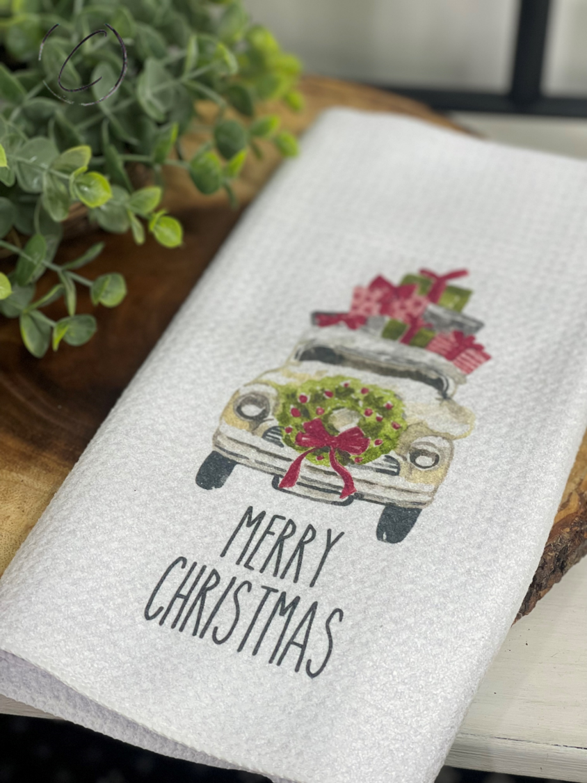 Merry Christmas Farm Truck Waffle Weave Tea Towel