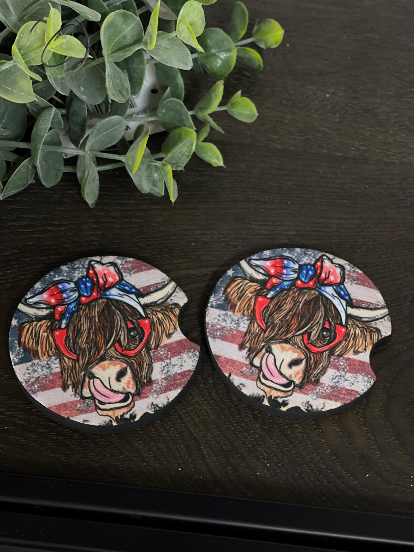 Patriotic Highland Cow Car Coaster Set