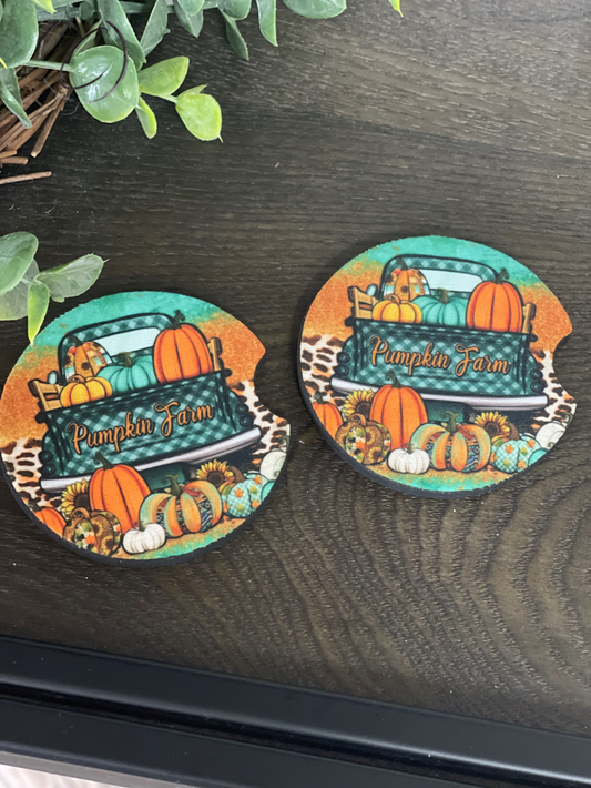 Pumpkin Farm Truck Neoprene Car Coaster Set