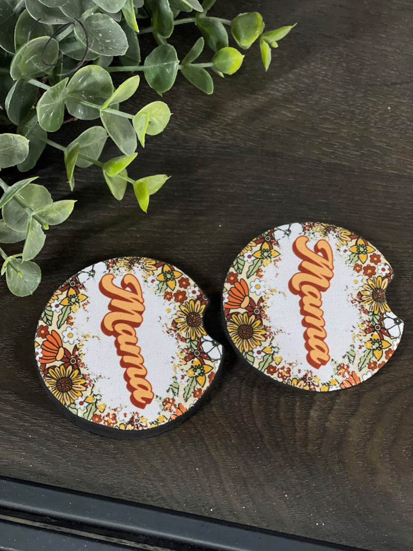 Retro Wildflower Mama Car Coaster Set