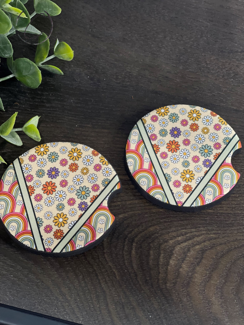 Retro Wildflower Rainbows Car Coaster Set