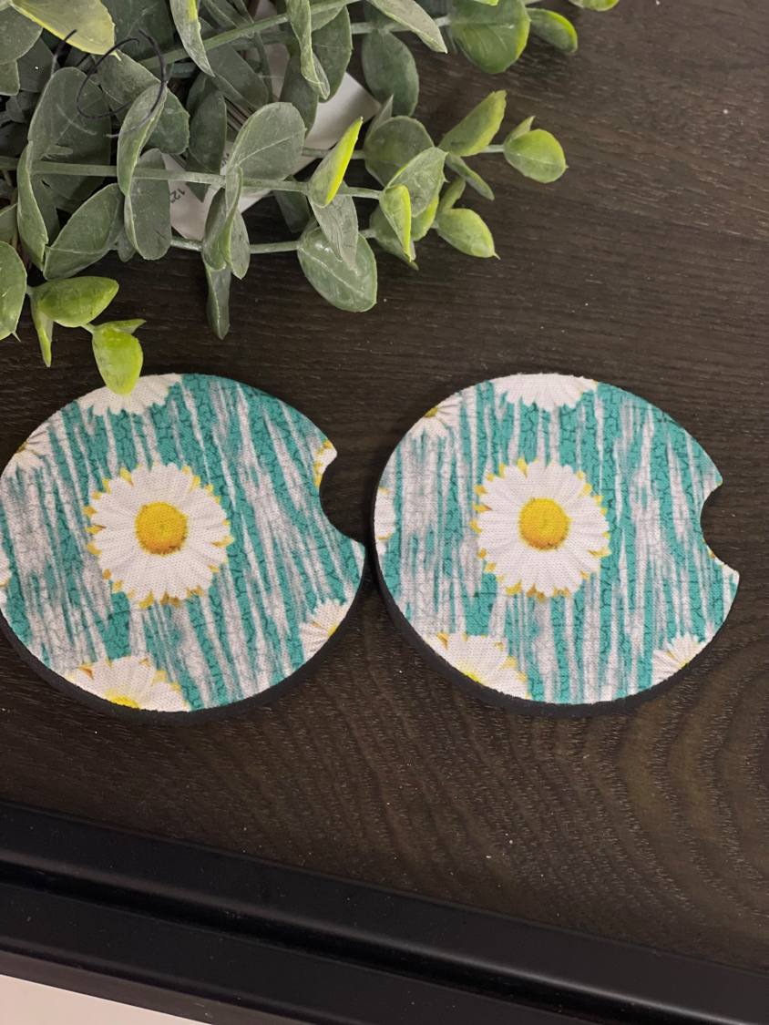 Teal Crackle Daisies Car Coaster Set