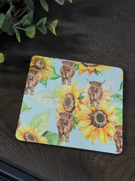 Teal Sunflower Highland Cow Home Coaster Set