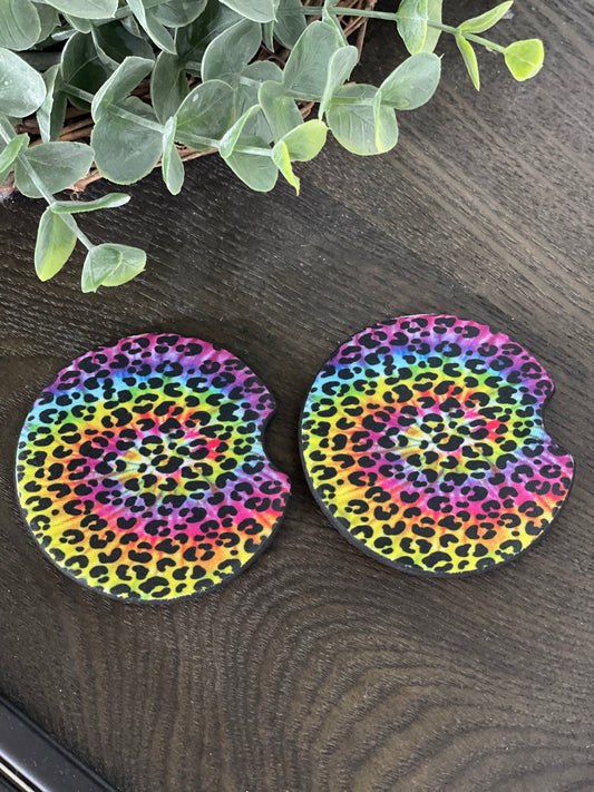 Tie Dye Leopard Neoprene Car Coaster Set