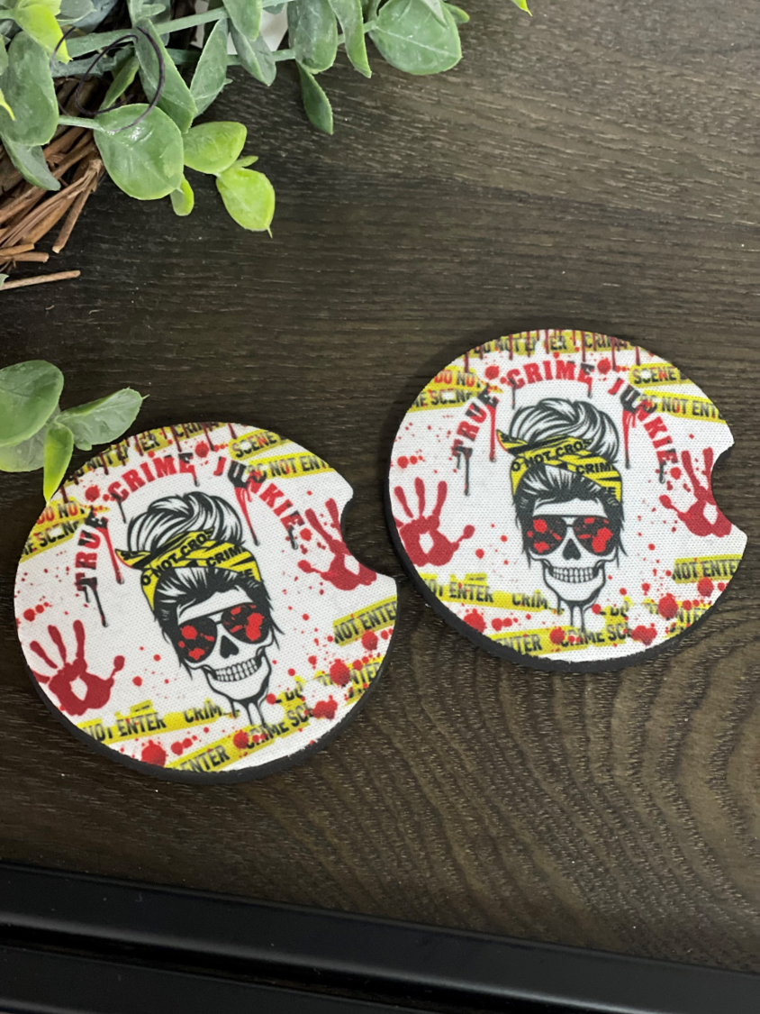 True Crime Junkie Messy Bun Neoprene Car Coaster Set