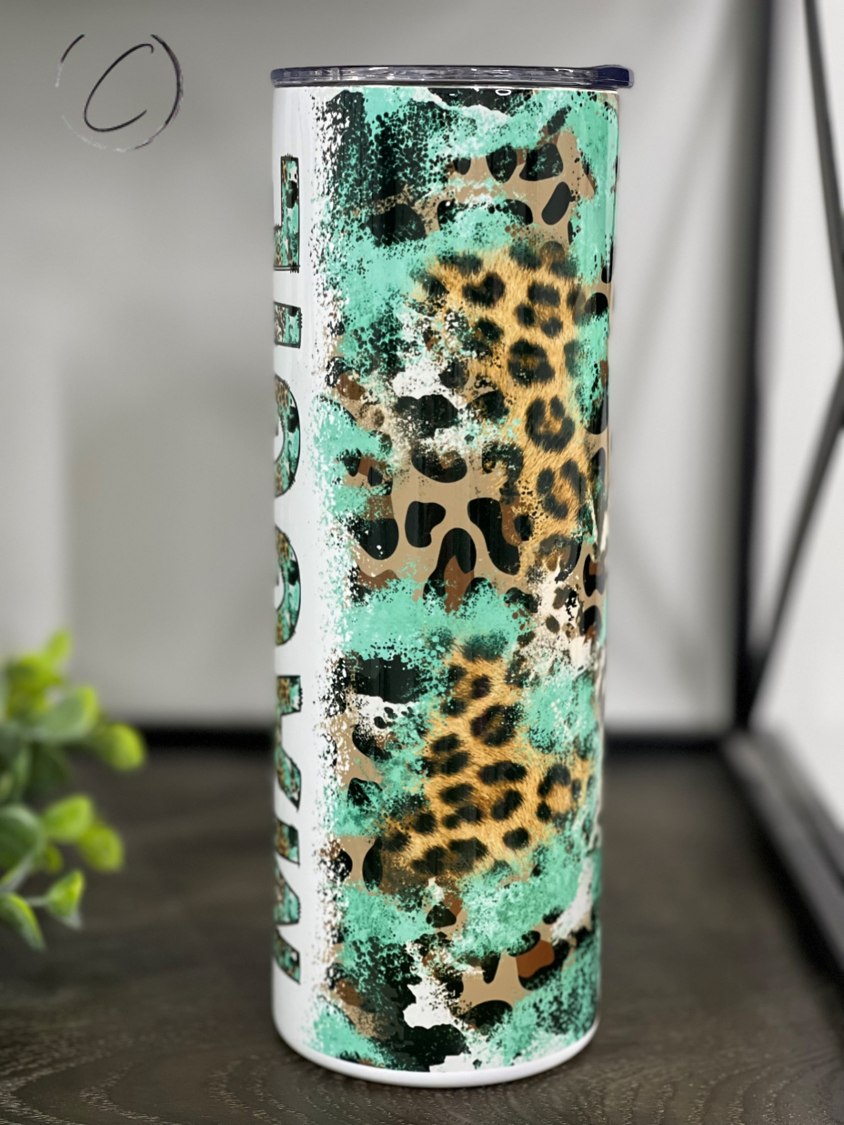 Turquoise Leopard Custom Name 20oz Skinny Tumbler