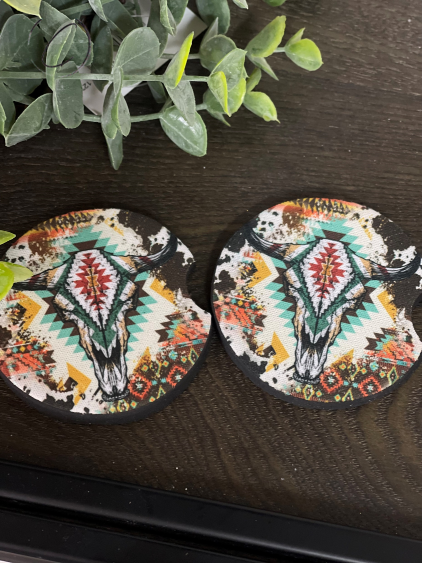 Western Aztec Bull Skull Car Coaster Set