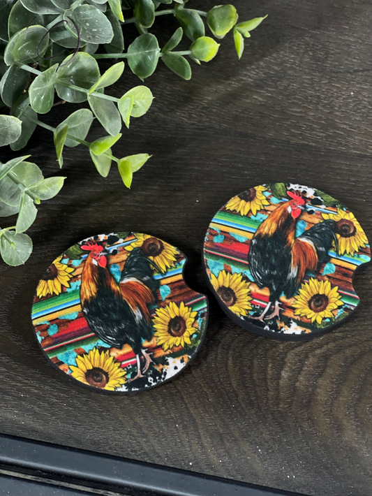 Western Sunflower Rooster Car Coaster Set